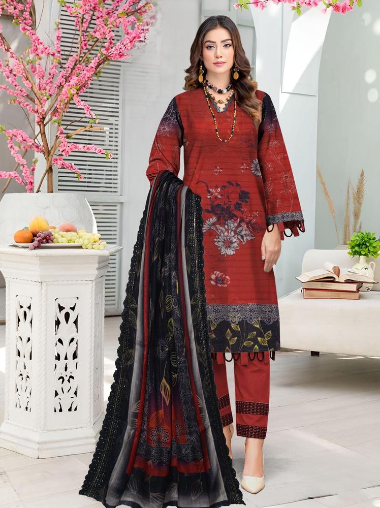 3 Pcs Women's Unstitched Lawn Embroidered Suit