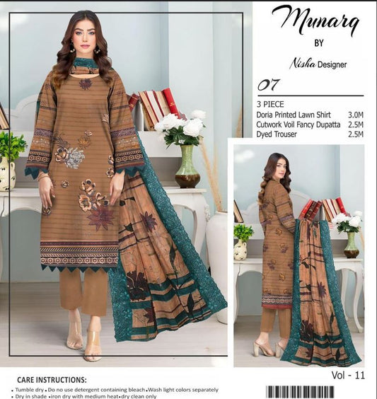 3 Pcs Women's Unstitched Lawn Embroidered Suit