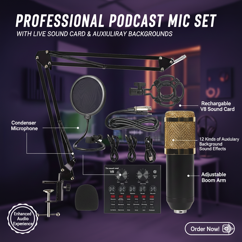 Podcast Mic Set With Live Sound Card,condenser Microphone With Rechargeable 12 Kinds Of Auxiliary Background For Karaoke Singing, Youtube Recording