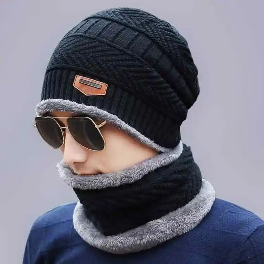 2 pc Winter Cap Beanie Hat Cap Neck Warmer Scarf Set Fleece Lined Skull Cap and Scarf Hat & Scarf Set Stylish Knit Skull Cap for Men & Women