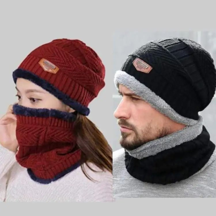 2 pc Winter Cap Beanie Hat Cap Neck Warmer Scarf Set Fleece Lined Skull Cap and Scarf Hat & Scarf Set Stylish Knit Skull Cap for Men & Women