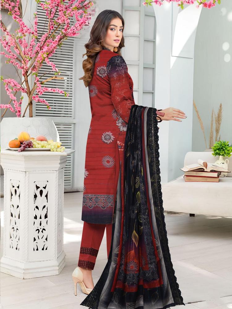 3 Pcs Women's Unstitched Lawn Embroidered Suit