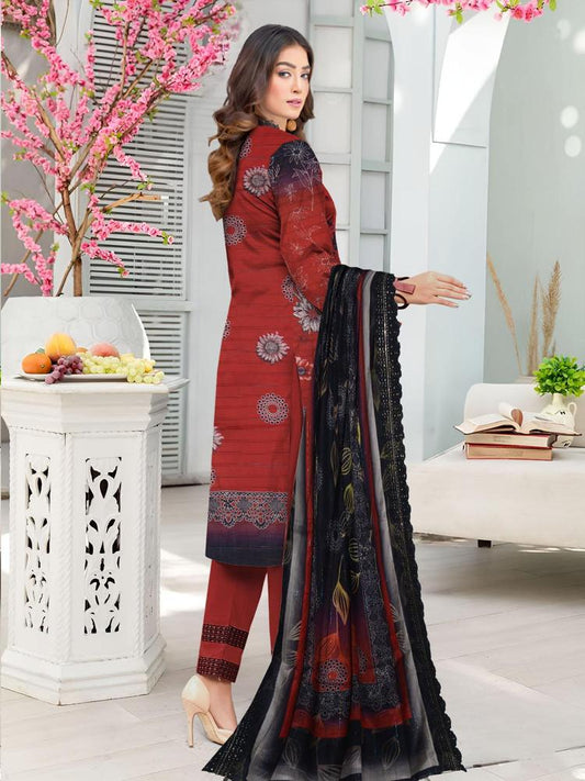 3 Pcs Women's Unstitched Lawn Embroidered Suit