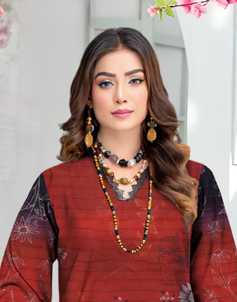 3 Pcs Women's Unstitched Lawn Embroidered Suit