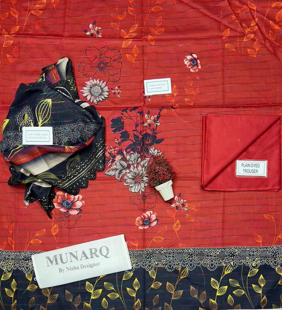 3 Pcs Women's Unstitched Lawn Embroidered Suit