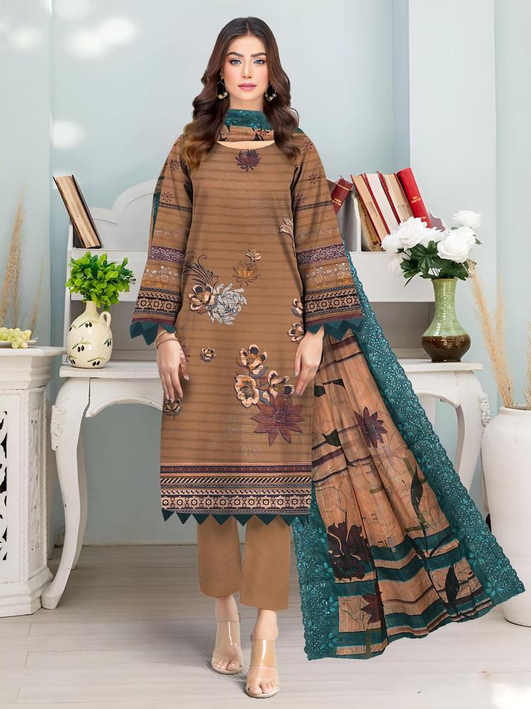 3 Pcs Women's Unstitched Lawn Embroidered Suit
