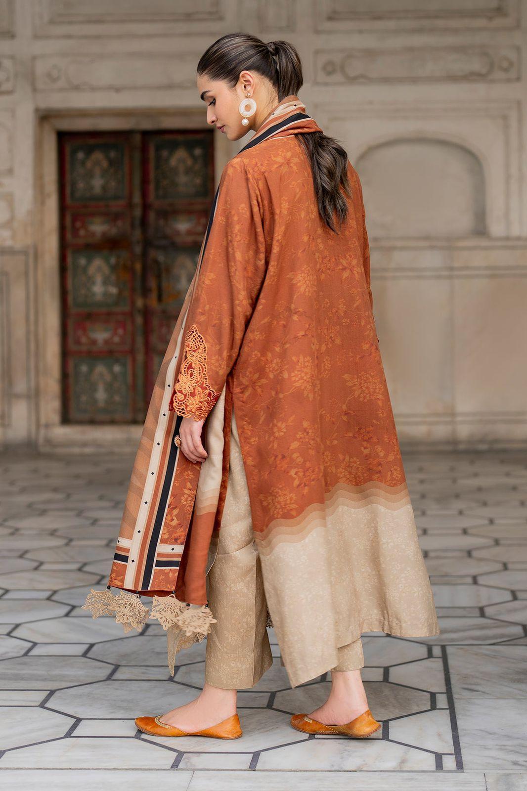 Stylish Orange Karandi Suit Set with Digital Print - 3 Pcs Ensemble