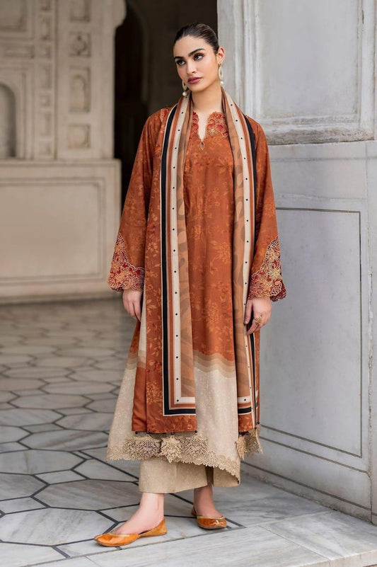 Stylish Orange Karandi Suit Set with Digital Print - 3 Pcs Ensemble