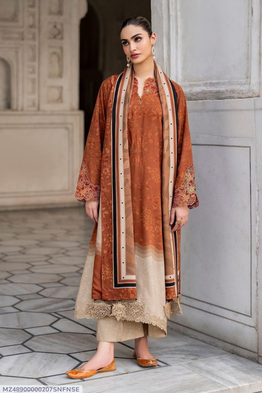 Stylish Orange Karandi Suit Set with Digital Print - 3 Pcs Ensemble