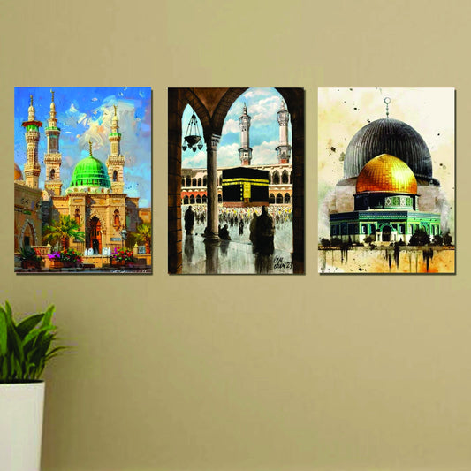 Set Of 3 Khana Kaba Masjid E Nabwi Al Aqsa Mosque Beautiful Islamic Wall Art